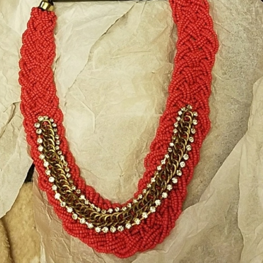 Coral Red Chunky Beaded Statement Necklace Gold Chain Crystal Trim Mother's Day